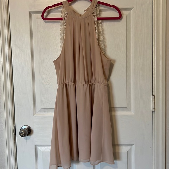 Nude Pink Sleeveless High Neckline Dress with Lace Detail - Picture 1 of 2